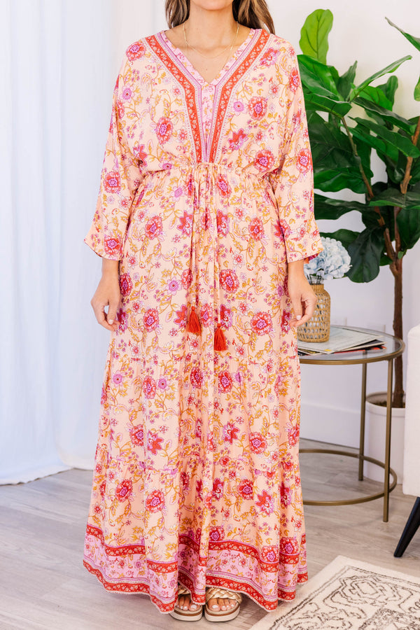 Chic Soul plus size clothing, pink long sleeve maxi dress with bohemian design and tie synched waist