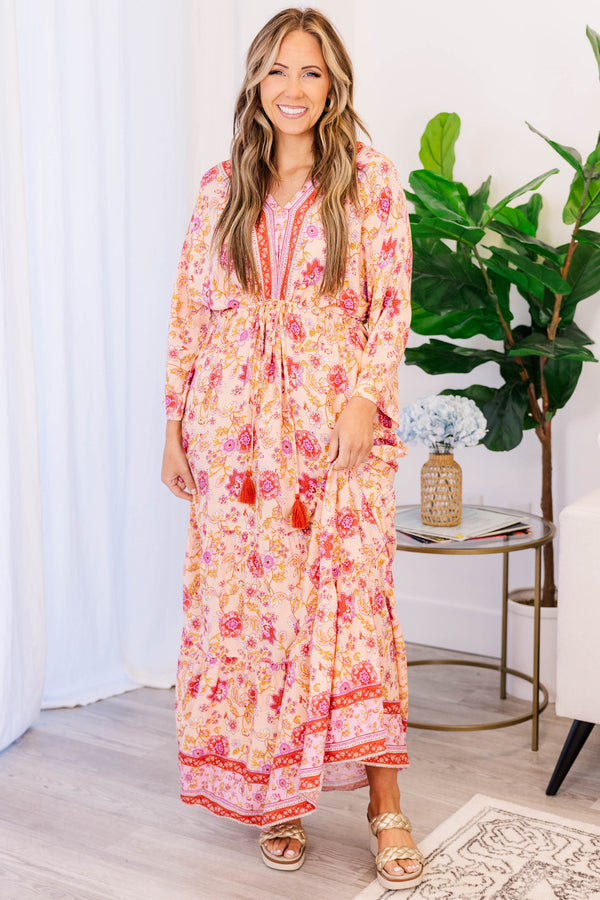 Chic Soul plus size clothing, pink long sleeve maxi dress with bohemian design and tie synched waist