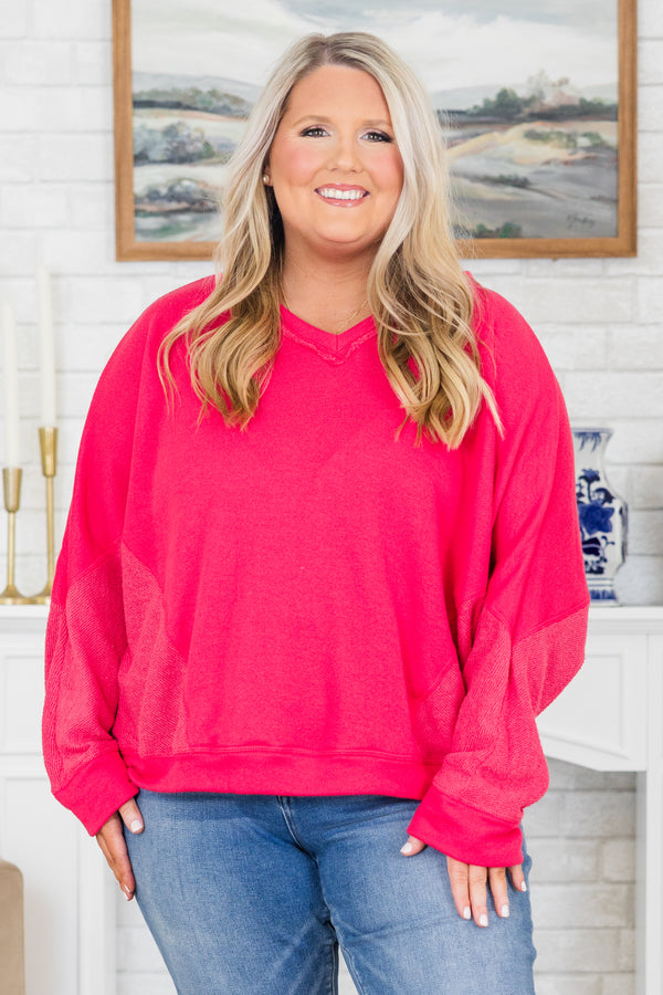 Chic Soul plus size clothing, fuchsia french terry sweater with a v neckline