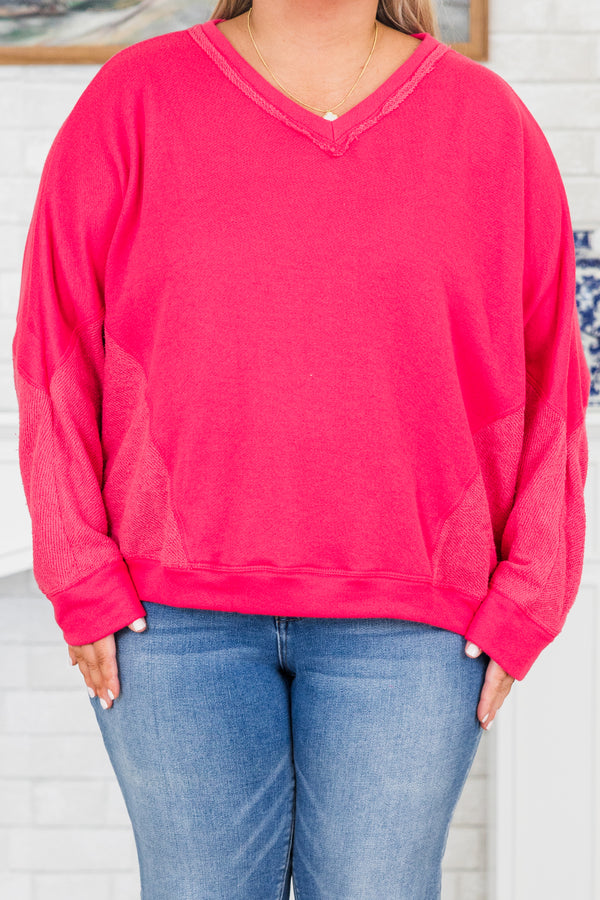 Chic Soul plus size clothing, fuchsia french terry sweater with a v neckline