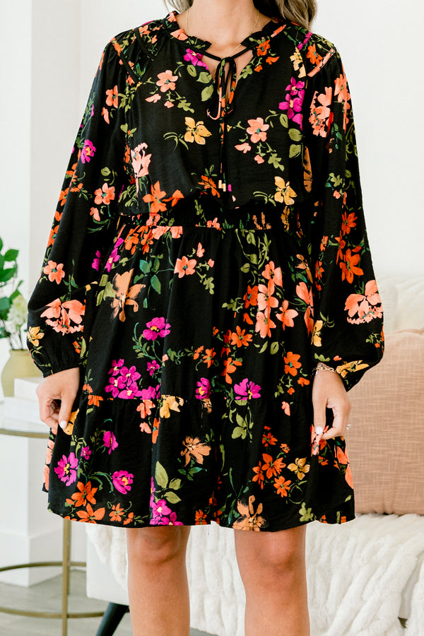 Chic Soul plus size clothing, black baby doll dress with long sleeves and a multi-color floral pattern throughout the dress 