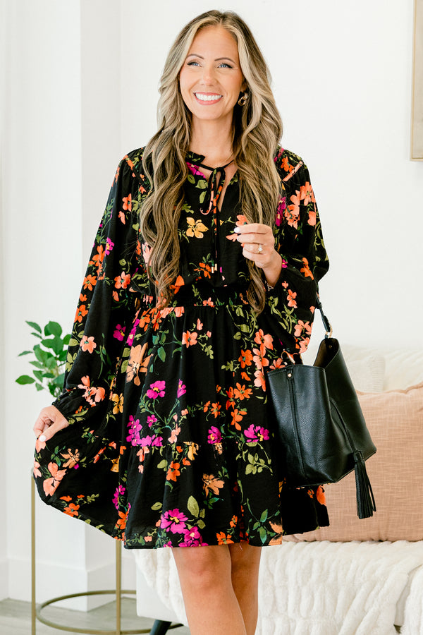 Chic Soul plus size clothing, black baby doll dress with long sleeves and a multi-color floral pattern throughout the dress 