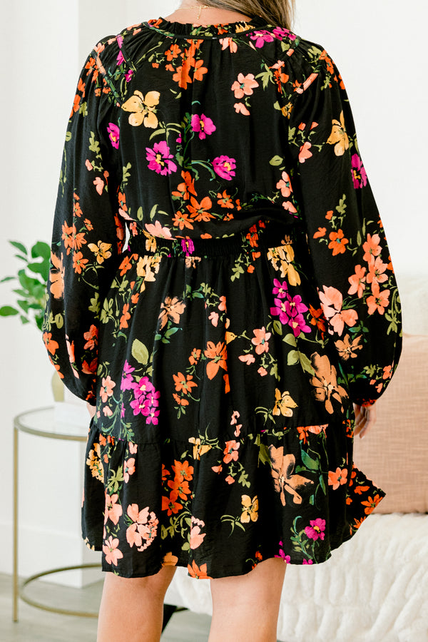 Chic Soul plus size clothing, black baby doll dress with long sleeves and a multi-color floral pattern throughout the dress 