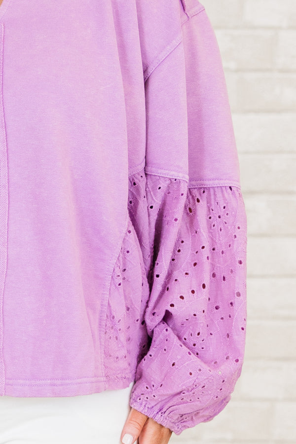 Chic Soul plus size clothing, washed lavender long sleeve top with eyelet details on the sleeves