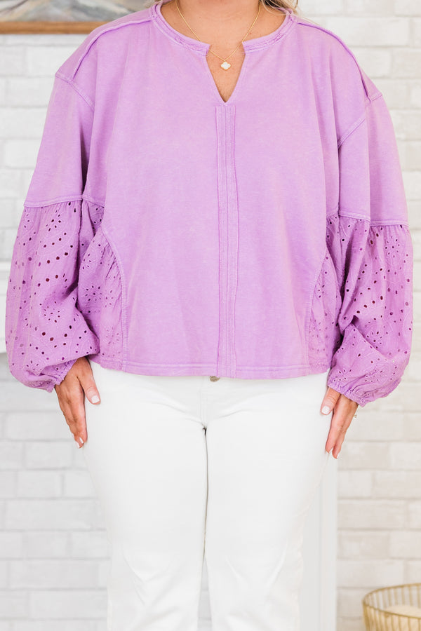Chic Soul plus size clothing, washed lavender long sleeve top with eyelet details on the sleeves