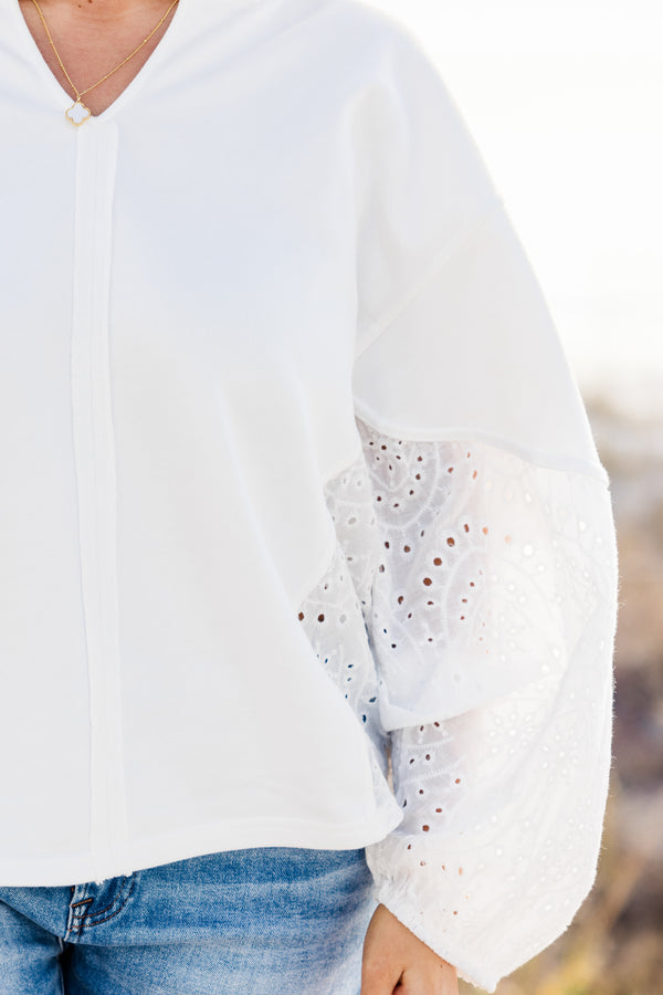 Chic Soul plus size clothing, relaxed-fit washed off-white top with elegant eyelet lace balloon sleeves with delicate embroidery.and lightweight fabric with a subtle V-neckline
