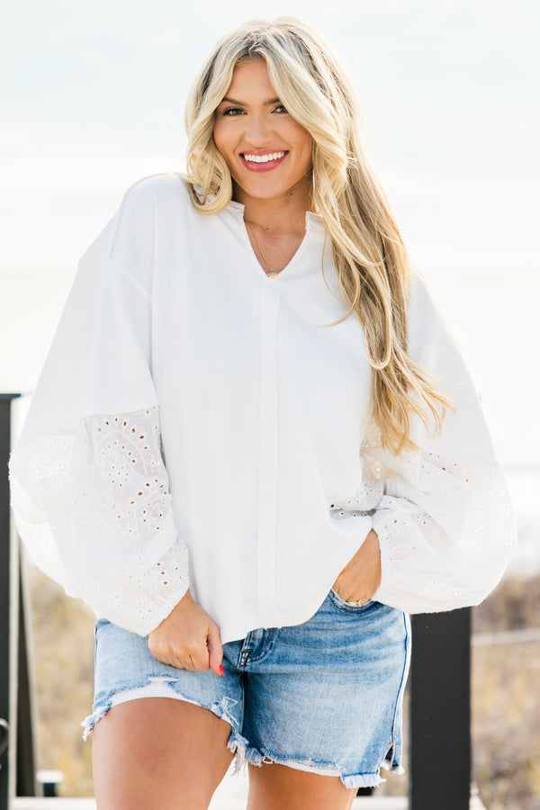 Chic Soul plus size clothing, relaxed-fit washed off-white top with elegant eyelet lace balloon sleeves with delicate embroidery.and lightweight fabric with a subtle V-neckline