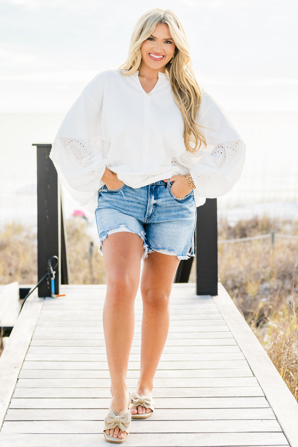 Chic Soul plus size clothing, relaxed-fit washed off-white top with elegant eyelet lace balloon sleeves with delicate embroidery.and lightweight fabric with a subtle V-neckline