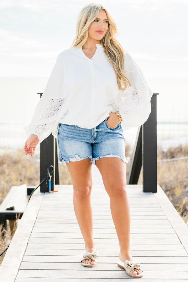 Chic Soul plus size clothing, relaxed-fit washed off-white top with elegant eyelet lace balloon sleeves with delicate embroidery.and lightweight fabric with a subtle V-neckline