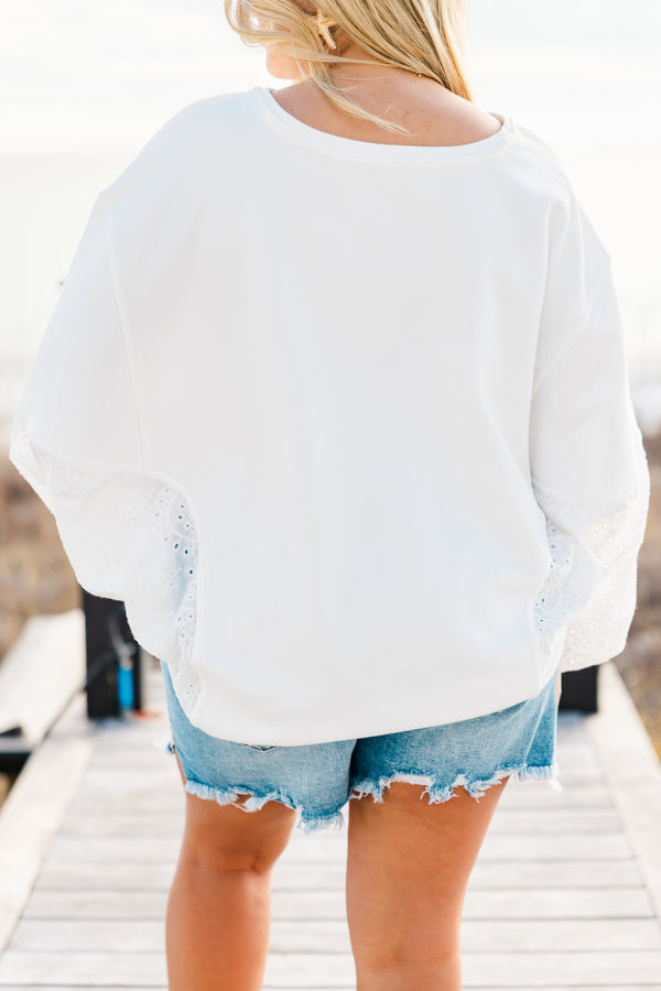 Chic Soul plus size clothing, relaxed-fit washed off-white top with elegant eyelet lace balloon sleeves with delicate embroidery.and lightweight fabric with a subtle V-neckline