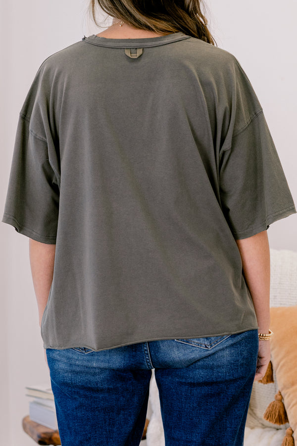 Chic Soul plus size clothing, dark grey oversized slightly cropped tee with 