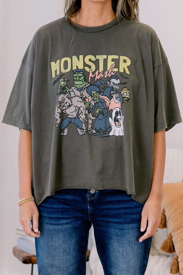Chic Soul plus size clothing, dark grey oversized slightly cropped tee with 