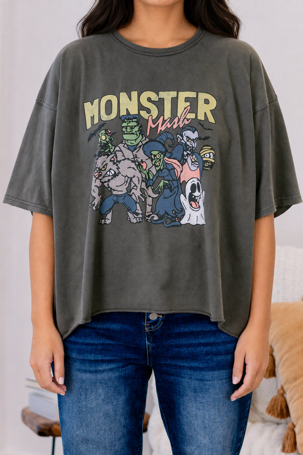 Chic Soul plus size clothing, dark grey oversized slightly cropped tee with 