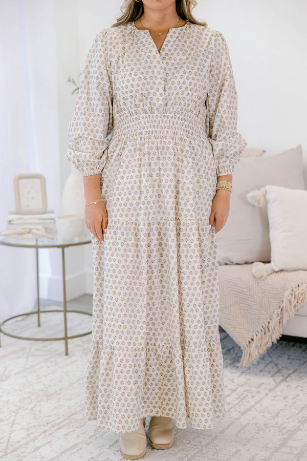 Chic Soul plus size clothing, cream block print long sleeve tiered maxi dress with cinched waist and v neck cutout