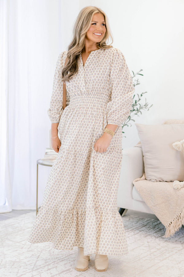 Chic Soul plus size clothing, cream block print long sleeve tiered maxi dress with cinched waist and v neck cutout