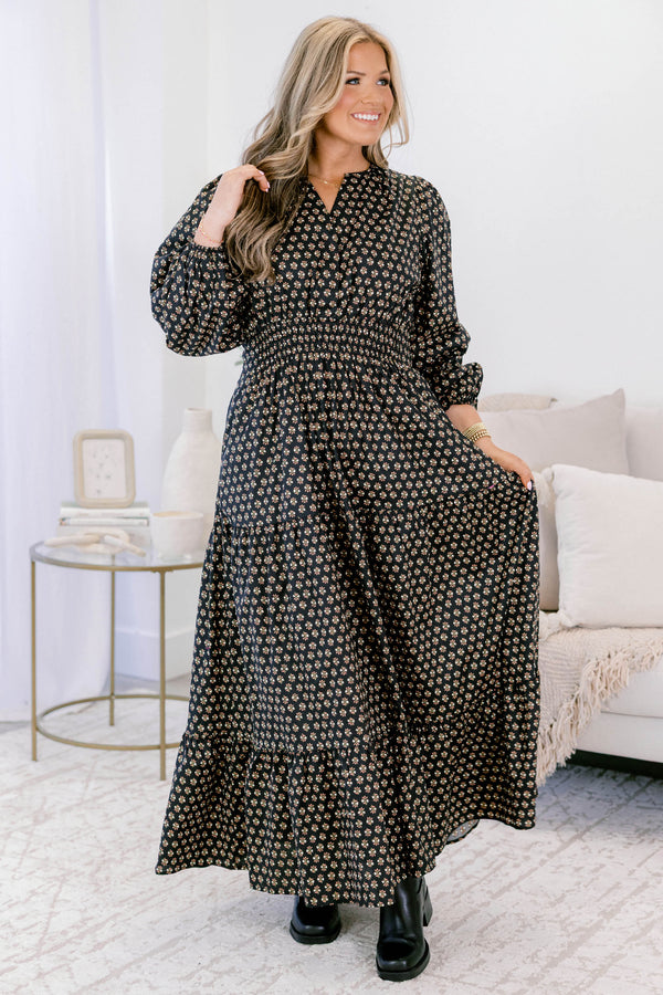 Chic Soul plus size clothing, black tiered maxi dress with long sleeves a cinched waist and a block pattern throughout