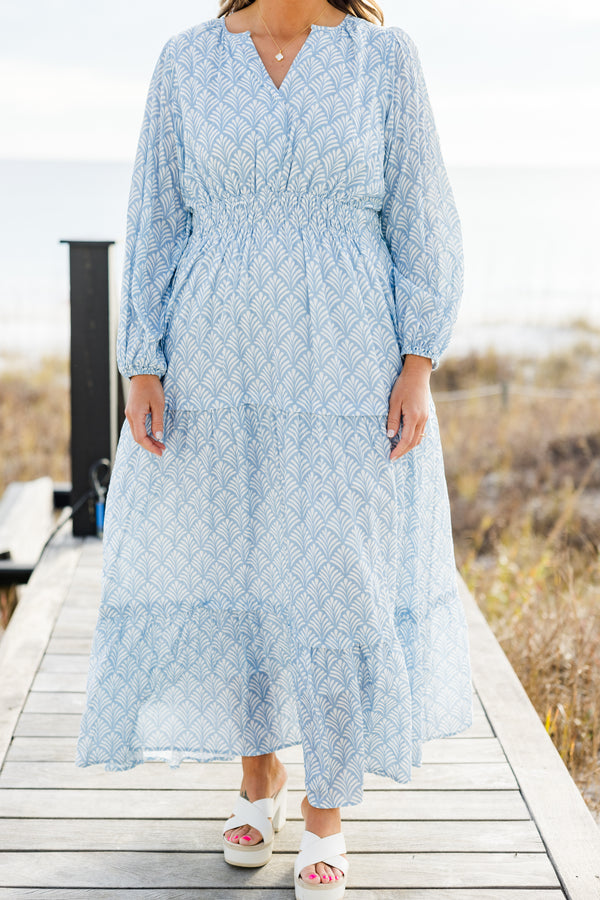 Chic Soul Plus size clothing, Blue long sleeve maxi dress with abstract pattern 