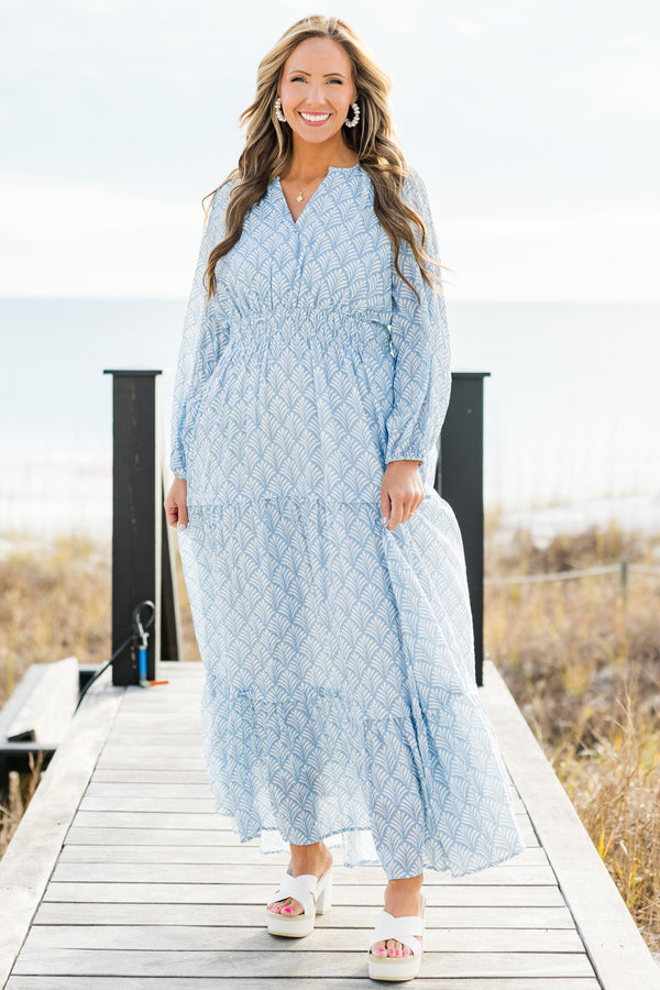 Chic Soul Plus size clothing, Blue long sleeve maxi dress with abstract pattern 
