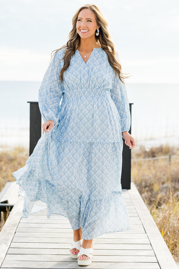Chic Soul Plus size clothing, Blue long sleeve maxi dress with abstract pattern 