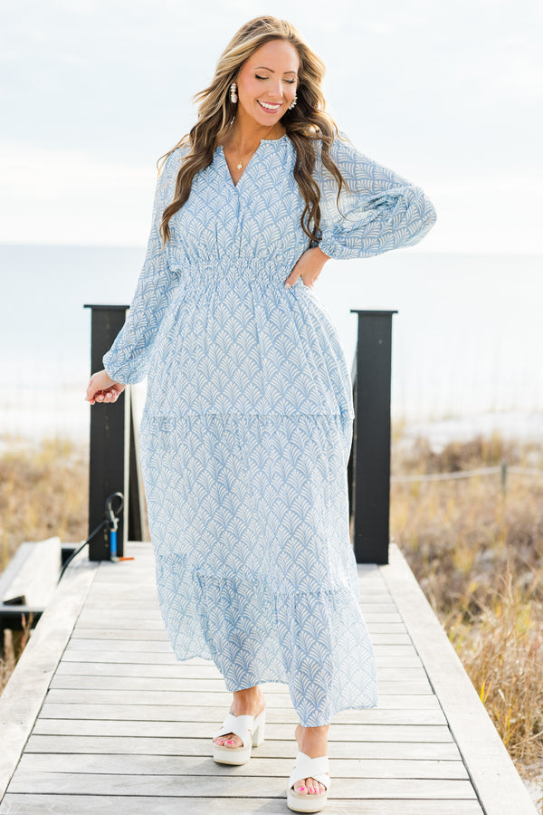 Chic Soul Plus size clothing, Blue long sleeve maxi dress with abstract pattern 