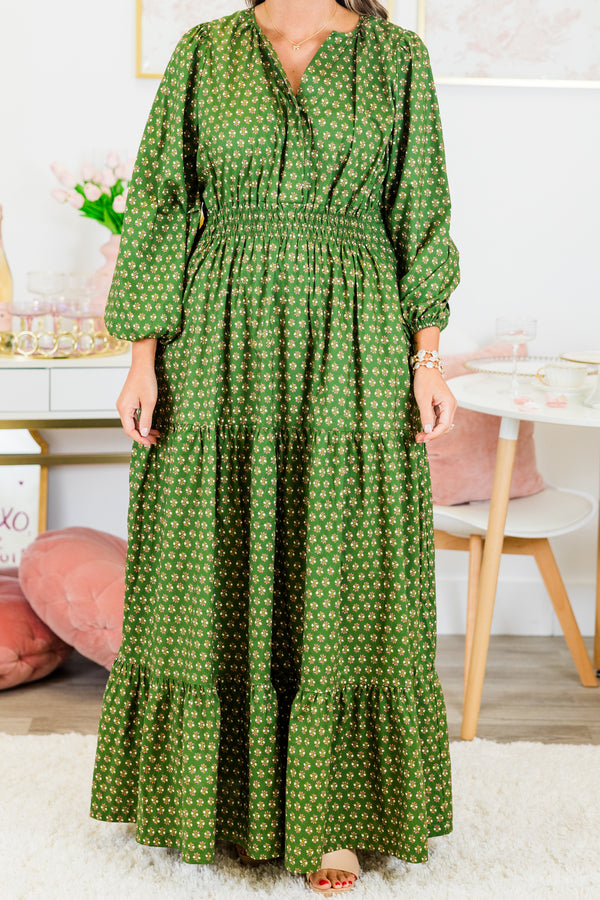 Chic Soul plus size clothing, puffed-quarter-sleeve green maxi dress with a smocked waistline and v-neckline with a small floral pattern