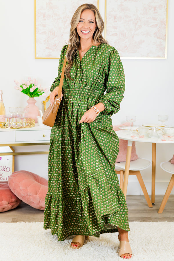 Chic Soul plus size clothing, puffed-quarter-sleeve green maxi dress with a smocked waistline and v-neckline with a small floral pattern
