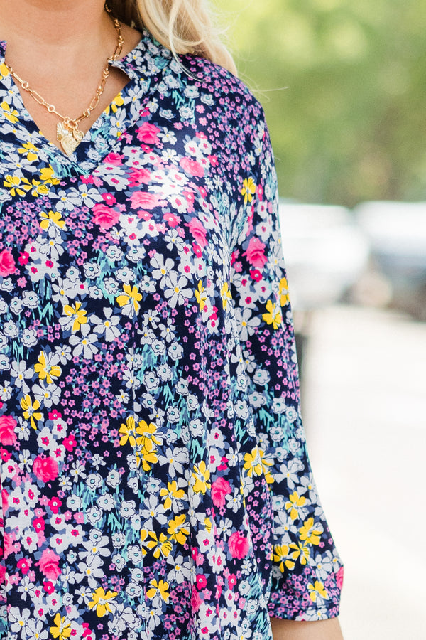 Chic Soul plus size clothing, navy blue button tab three-quarter sleeve shallow v-neck basic top with multicolored floral pattern