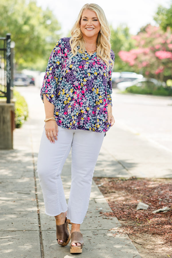 Chic Soul plus size clothing, navy blue button tab three-quarter sleeve shallow v-neck basic top with multicolored floral pattern