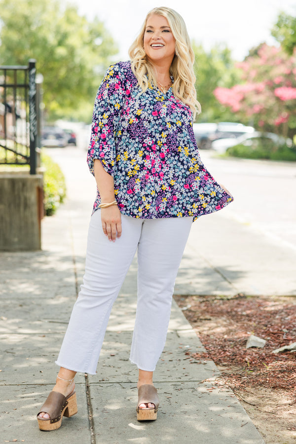Chic Soul plus size clothing, navy blue button tab three-quarter sleeve shallow v-neck basic top with multicolored floral pattern