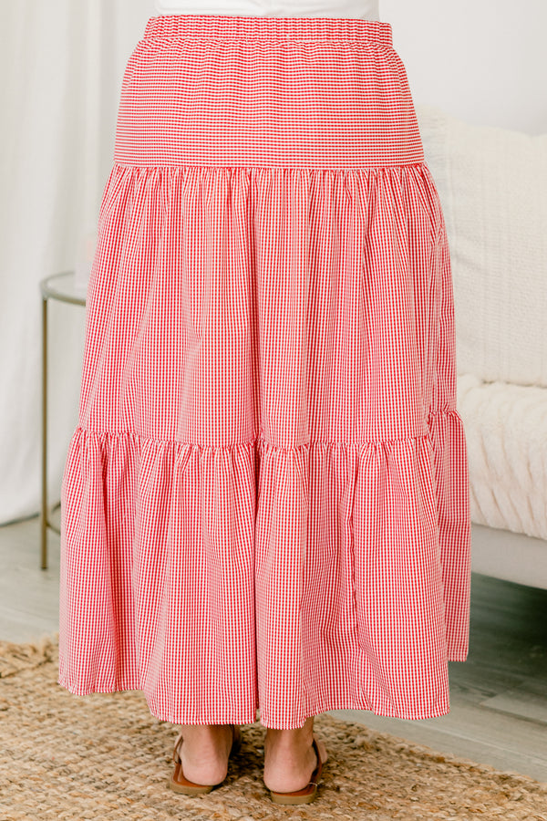 Chic Soul plus size clothing, red gingham tiered midi skirt with elastic waistband