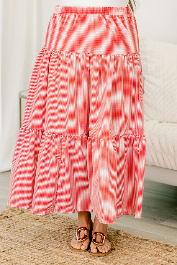 Chic Soul plus size clothing, red gingham tiered midi skirt with elastic waistband