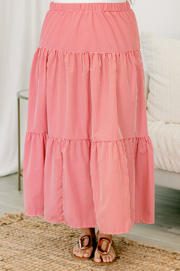 Chic Soul plus size clothing, red gingham tiered midi skirt with elastic waistband