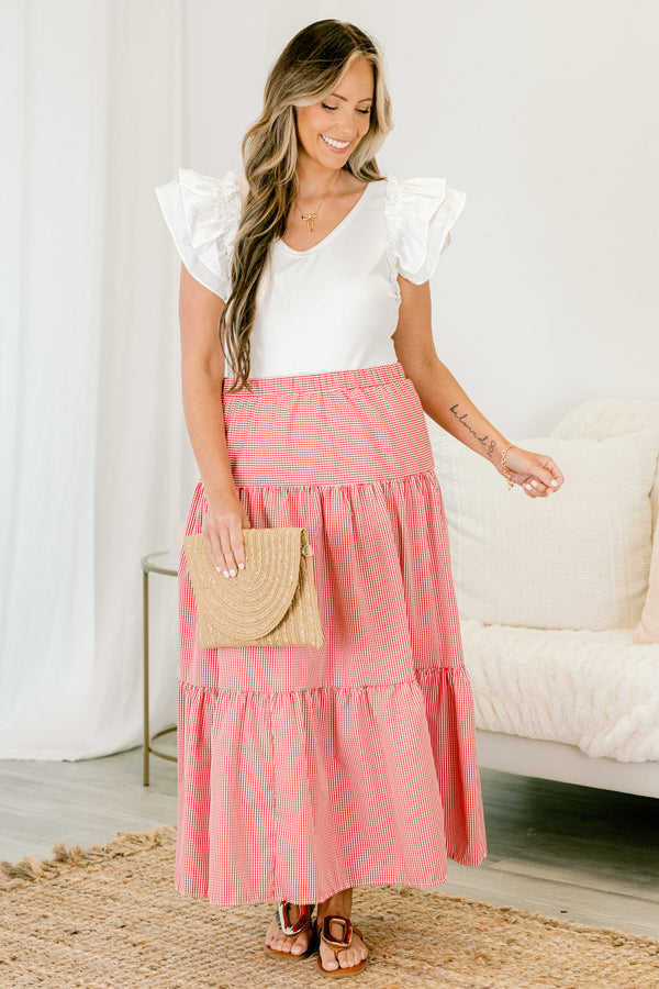 Chic Soul plus size clothing, red gingham tiered midi skirt with elastic waistband