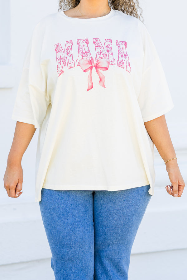 Chic Soul plus size clothing, short-sleeve ivory boyfriend tee with scoop-neckline and pink and white floral graphic lettering stating 