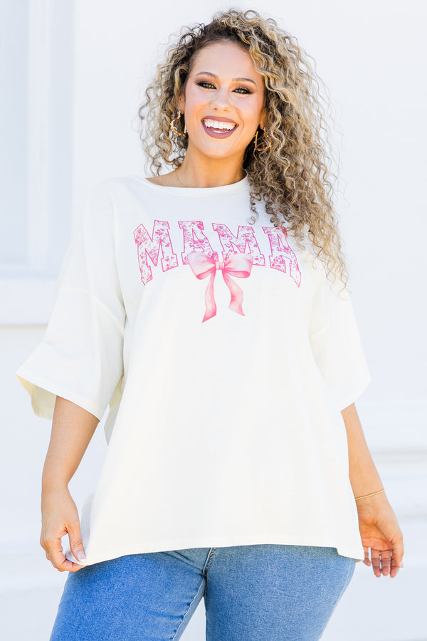 Chic Soul plus size clothing, short-sleeve ivory boyfriend tee with scoop-neckline and pink and white floral graphic lettering stating 