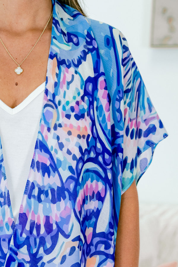 Chic Soul plus size clothing, blue and pink abstract short sleeve flowy kimono
