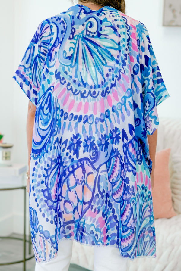 Chic Soul plus size clothing, blue and pink abstract short sleeve flowy kimono