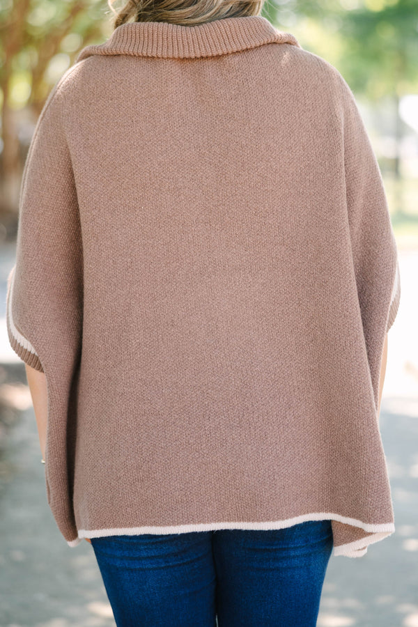 Plus Size brown zip-up knit poncho sweater with white trim, front pockets, and a wide collar.
