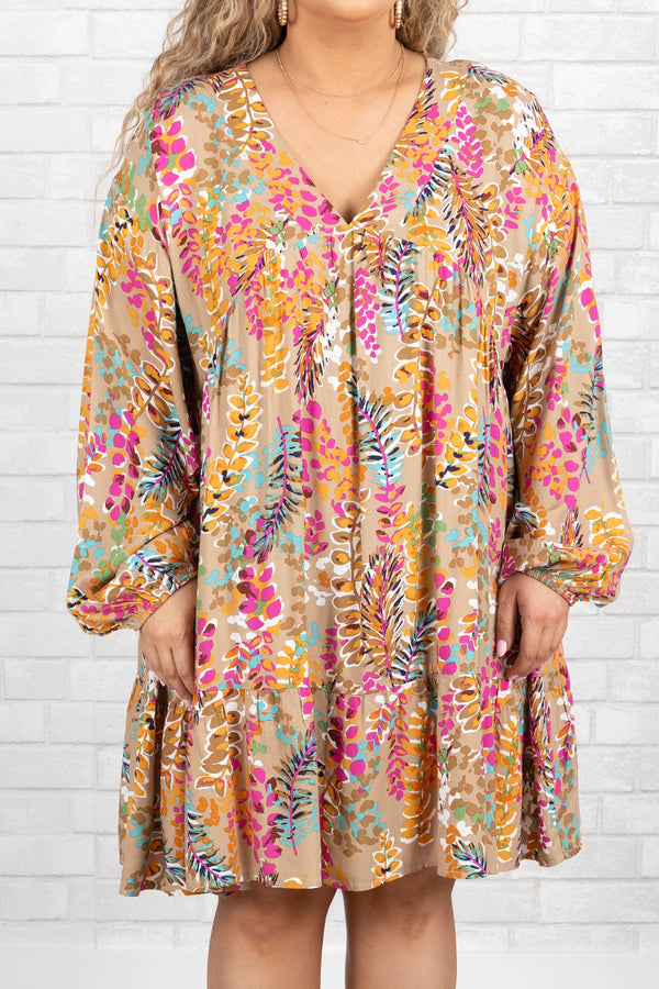 Chic Soul plus size clothing, taupe mini babydoll dress with multicolor floral design with v neck and puff sleeves