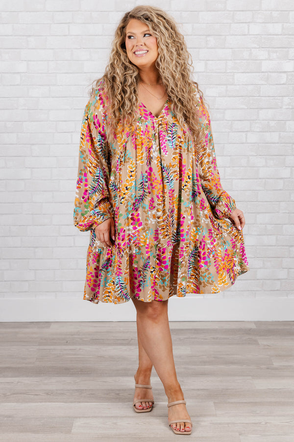 Chic Soul plus size clothing, taupe mini babydoll dress with multicolor floral design with v neck and puff sleeves