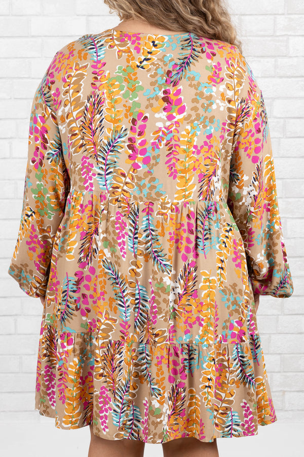 Chic Soul plus size clothing, taupe mini babydoll dress with multicolor floral design with v neck and puff sleeves