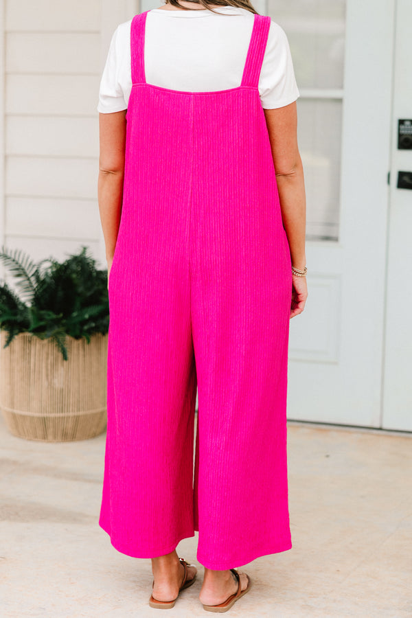 Chic Soul plus size clothing, fuchsia sleeveless jumpsuit with front pockets and a scooped neckline 
