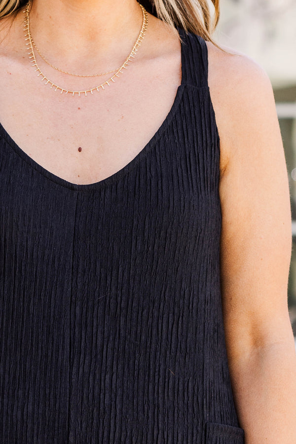 Chic Soul plus size clothing, black jumpsuit with front pockets and scoop neckline