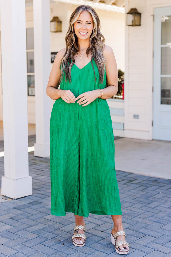 Chic Soul plus size clothing, kelly green textured sleeveless jumpsuit with v neckline and pockets on side