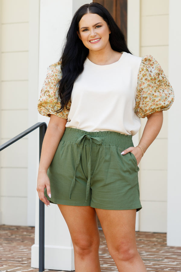 Chic Soul plus size clothing, olive green shorts with a smocked waistband and tie strings