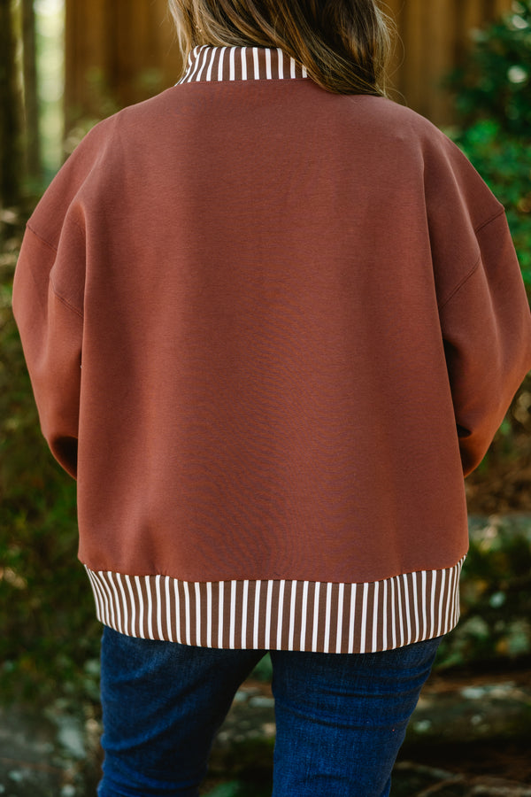 Plus Size brown quarter-zip pullover with white vertical stripes on the collar, cuffs, and hem.