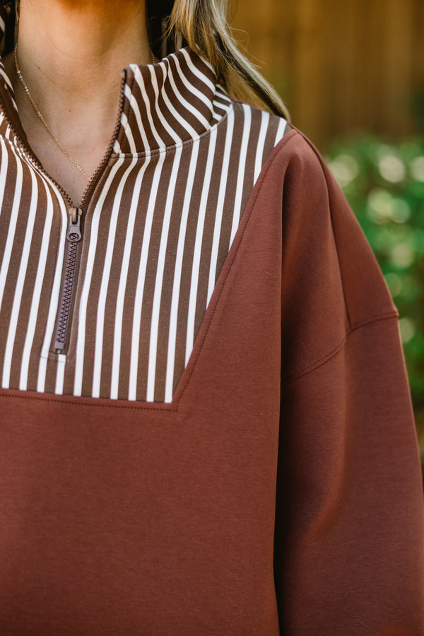 Plus Size brown quarter-zip pullover with white vertical stripes on the collar, cuffs, and hem.