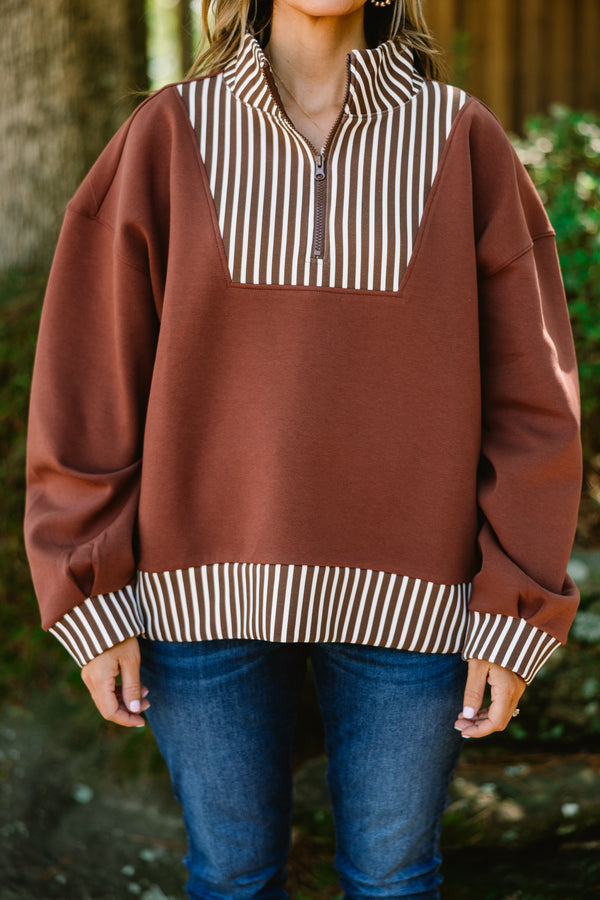 Plus Size brown quarter-zip pullover with white vertical stripes on the collar, cuffs, and hem.