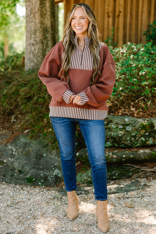 Plus Size brown quarter-zip pullover with white vertical stripes on the collar, cuffs, and hem.
