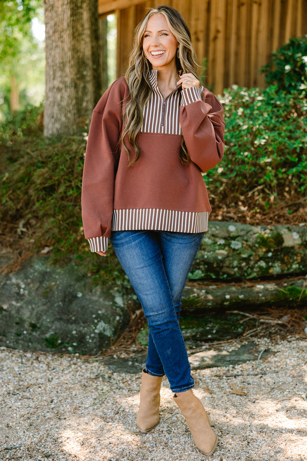 Plus Size brown quarter-zip pullover with white vertical stripes on the collar, cuffs, and hem.